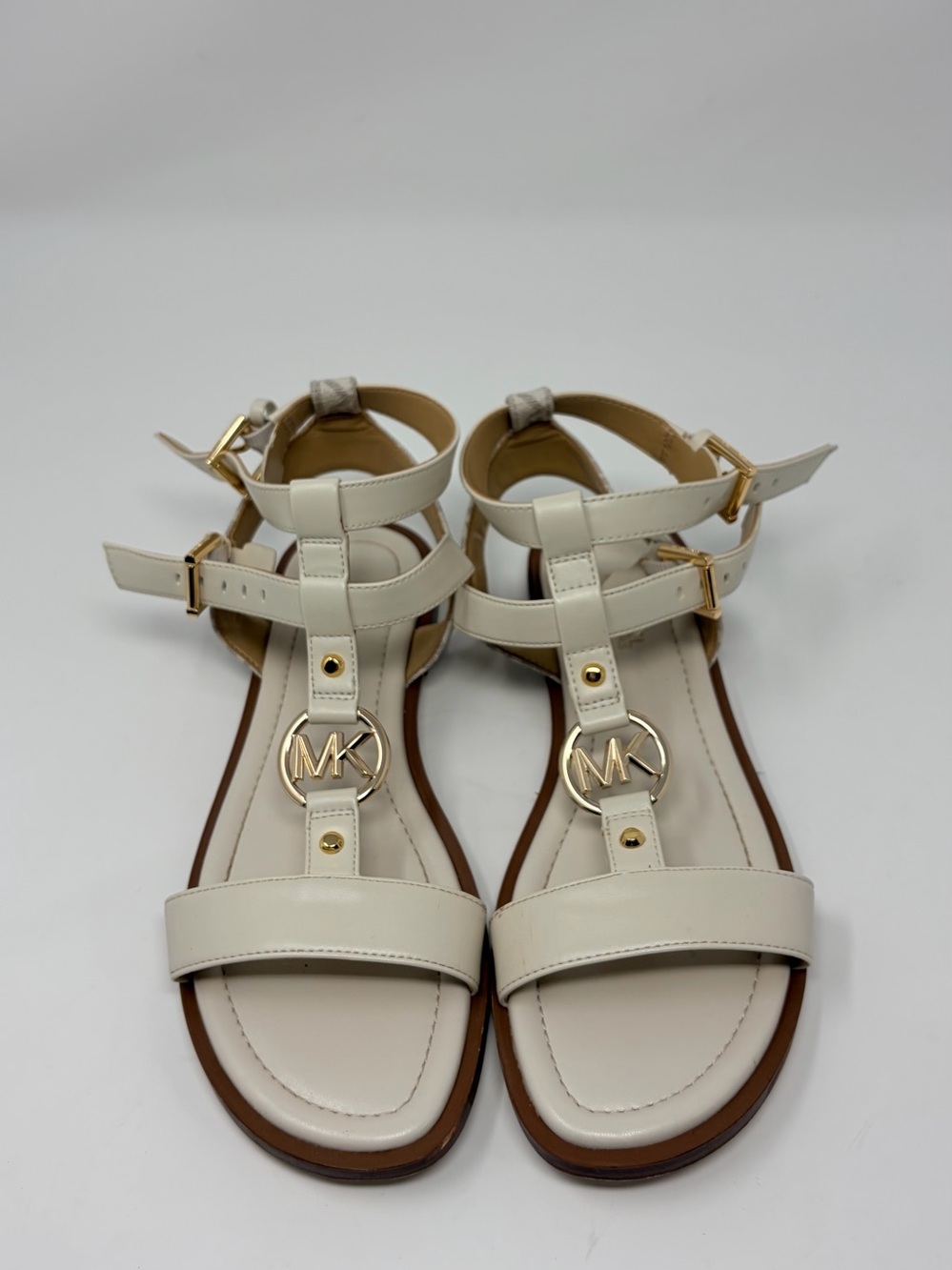 Michael Kors Ivory Leather MK Logo T-Strap Sandals with Gold Hardware